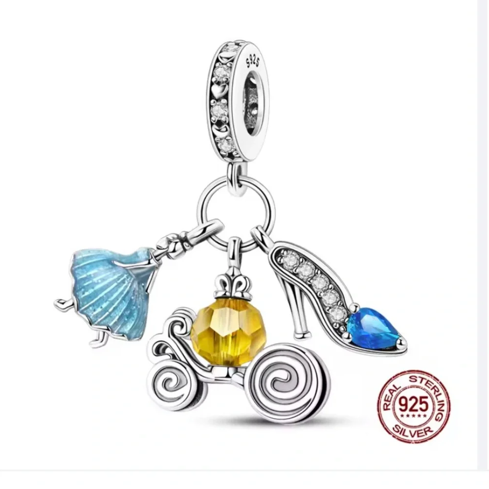 Sterling Silver Fairy Tale Carriage Charm Pendant with Blue and Yellow Accents